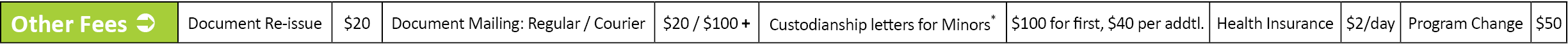 Other Fees ,Document Re-issue,$20,Document Mailing: Regular / Courier,$20 / $100 +,Custodianship letters for Minors*...
